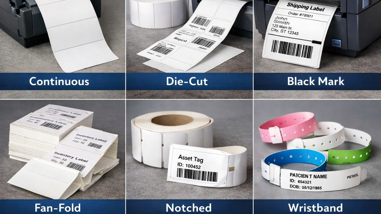 قابلیت چاپ روی  لیبل Continuous، Die-Cut، Black Mark، Fan-Fold، Notched و Wristband